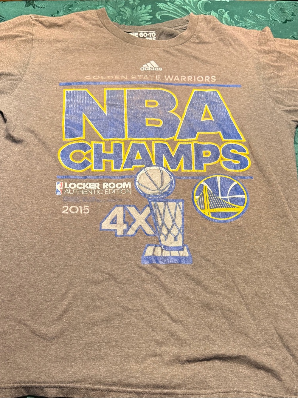 adidas Gray Golden State Warriors NBA Champs Tee with Blue & Yellow Graphics